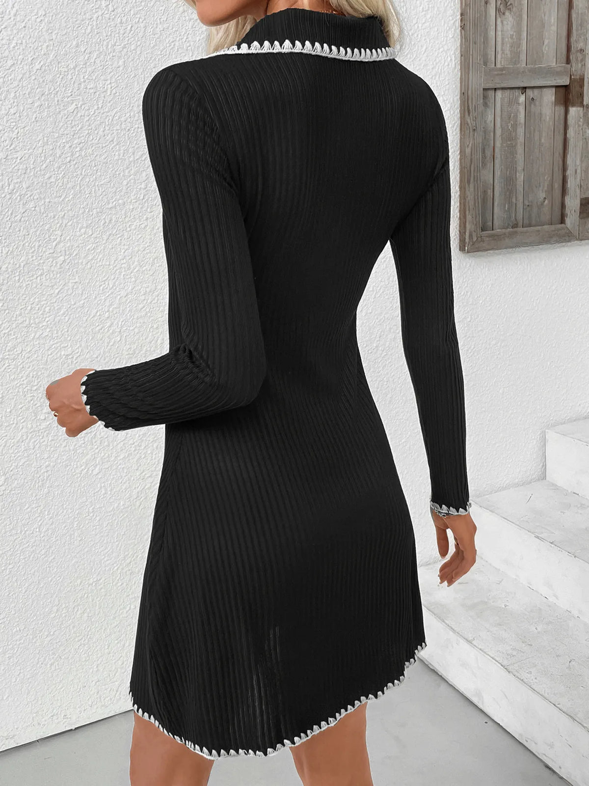 Contrast Trim Ribbed Sweater Dress in Black