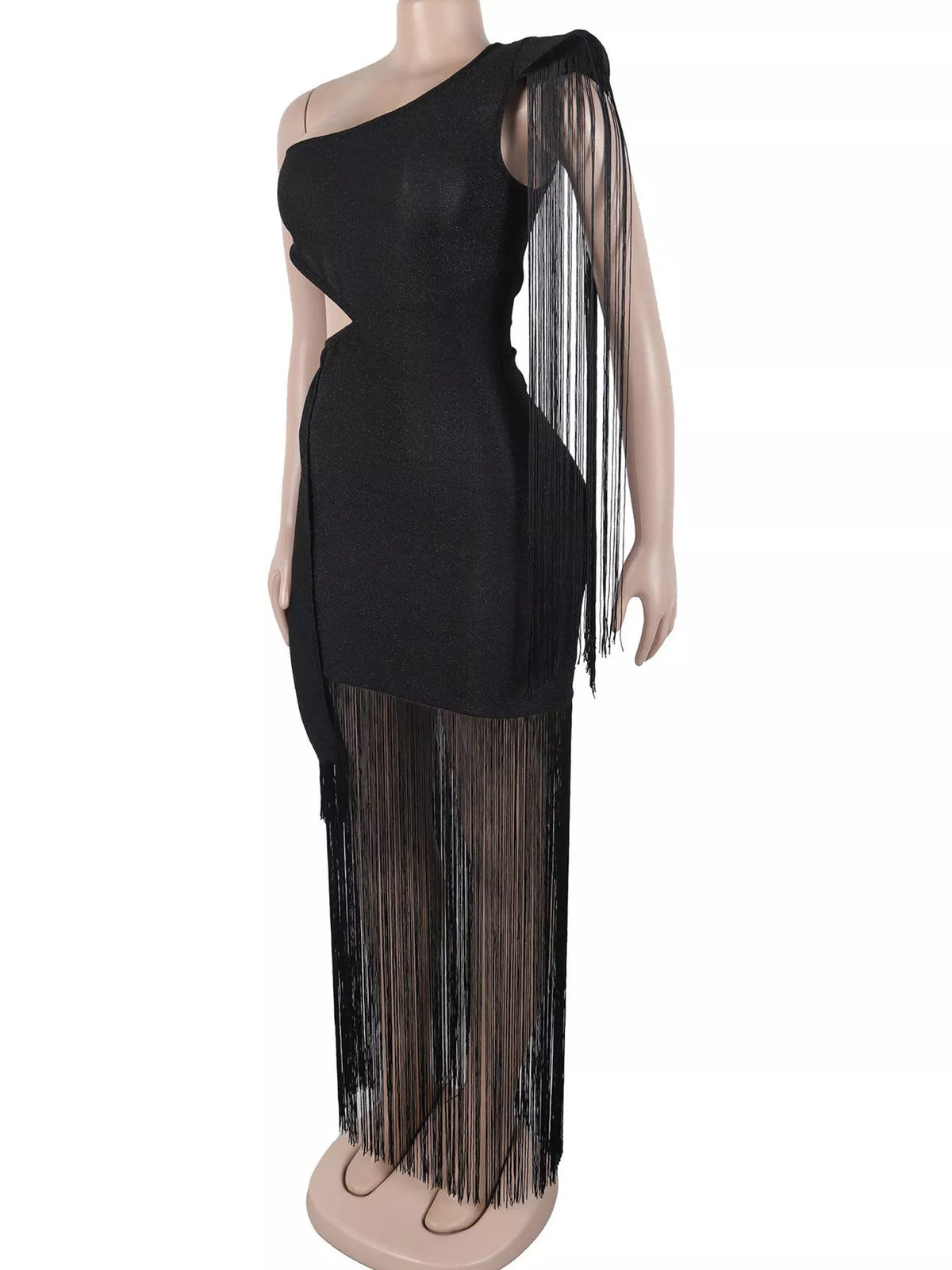 One-Shoulder Cutout Fringe Bodycon Dress