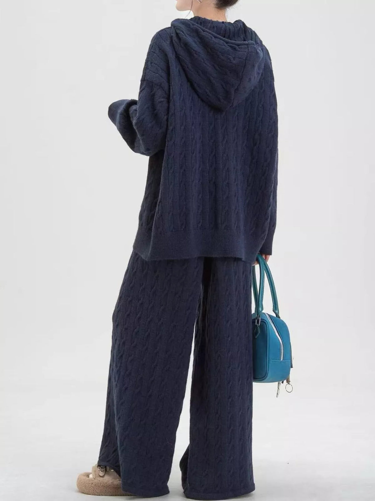 Cable Knit Zip-Up Hooded Cardigan and Wide-Leg Pants Set