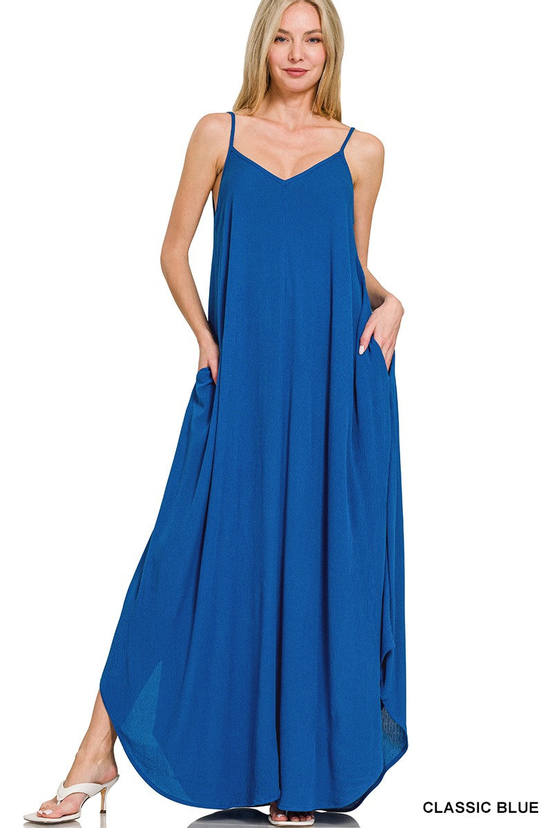 Zenana Crinkle Cami Dress in Classic Blue