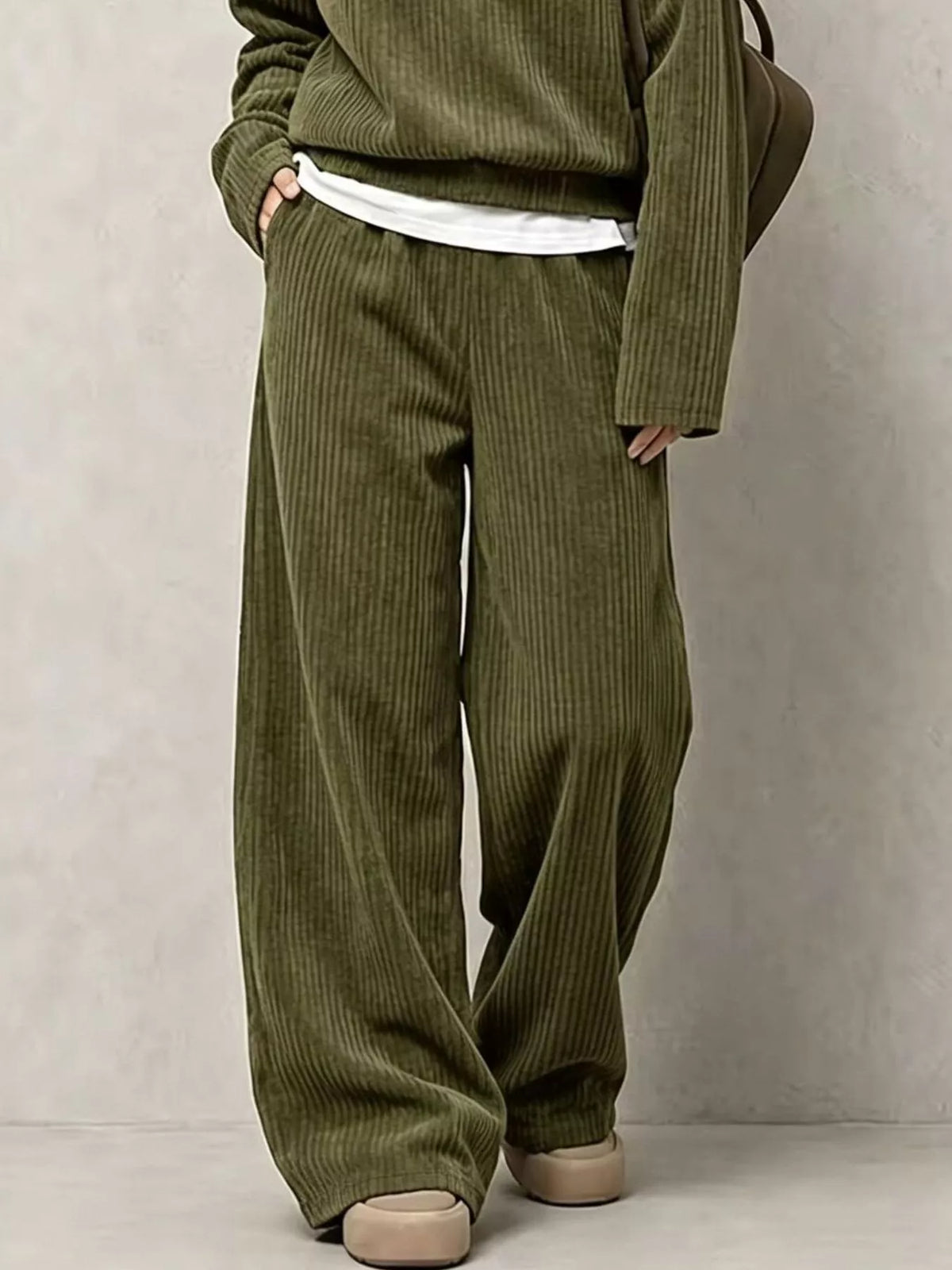 Corduroy Button-Front Top and Wide Leg Pants Set