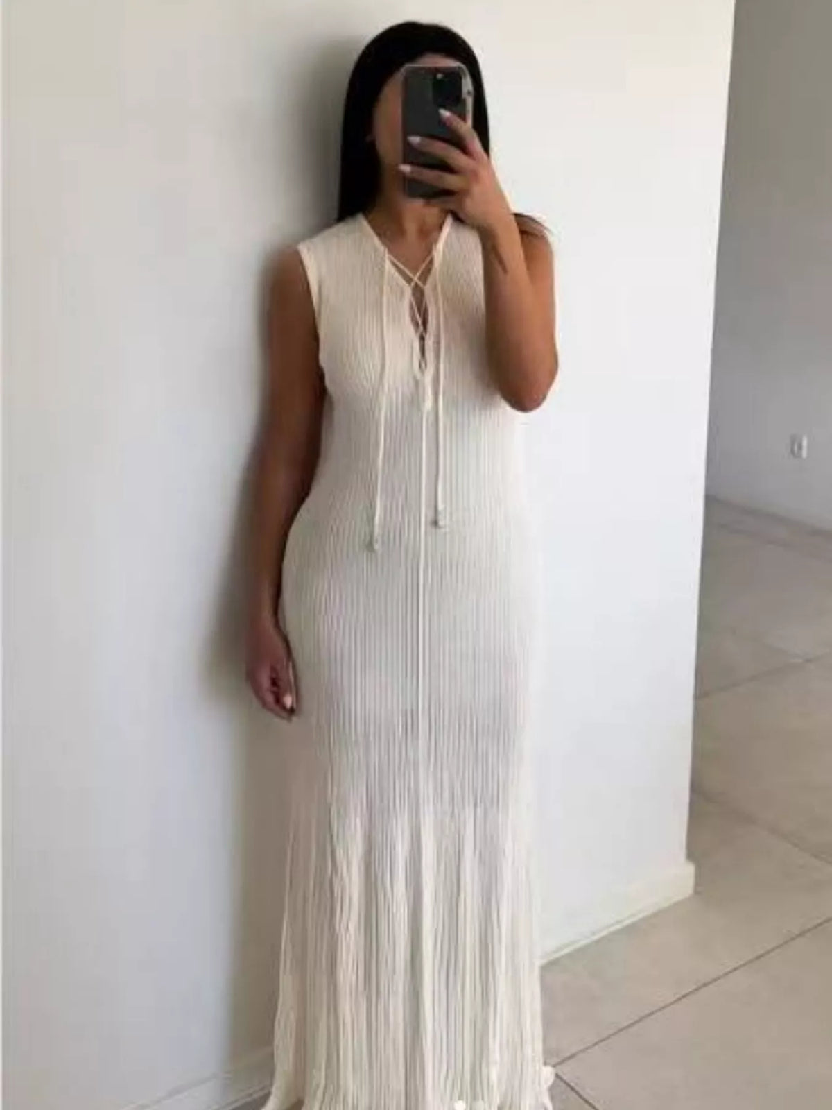 Lace-Up Sleeveless Maxi Dress in White