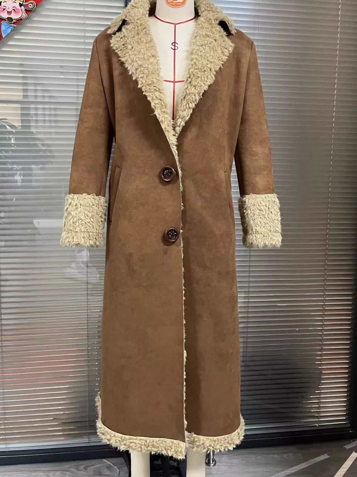 Vintage-Inspired Faux Suede Shearling Coat in Brown