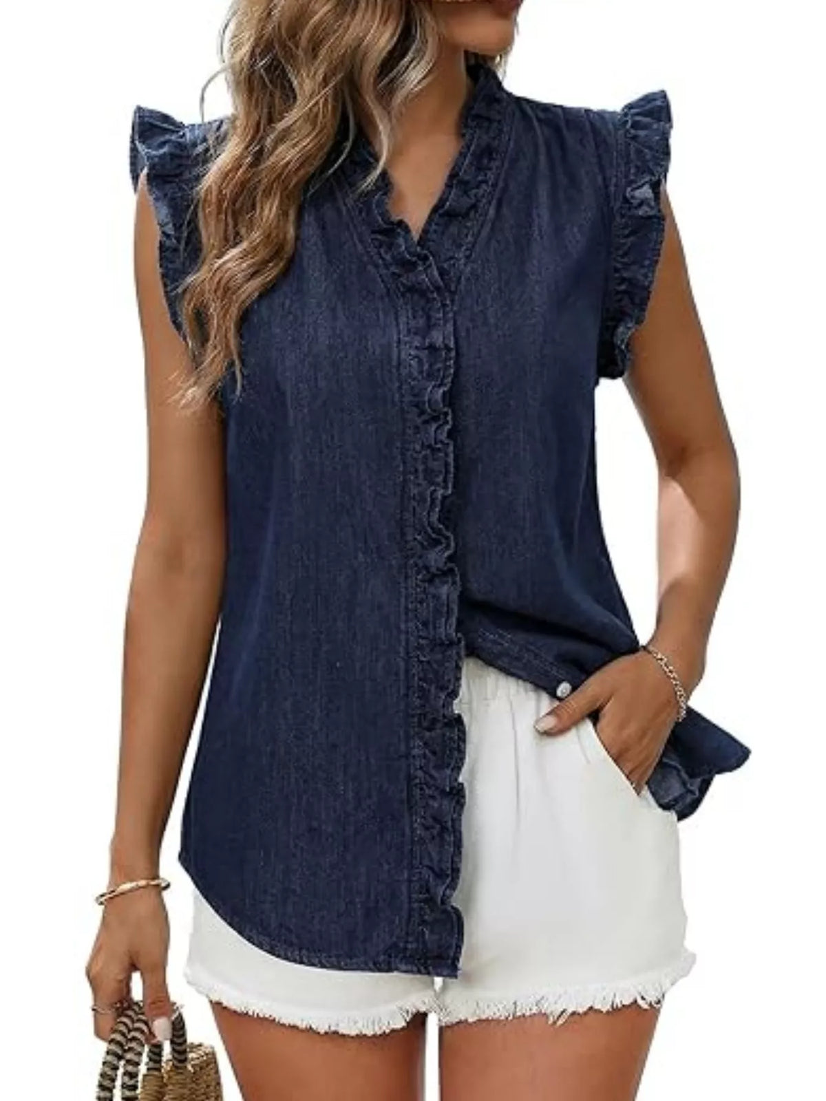 Ruffle Trim V-Neck Denim Top
