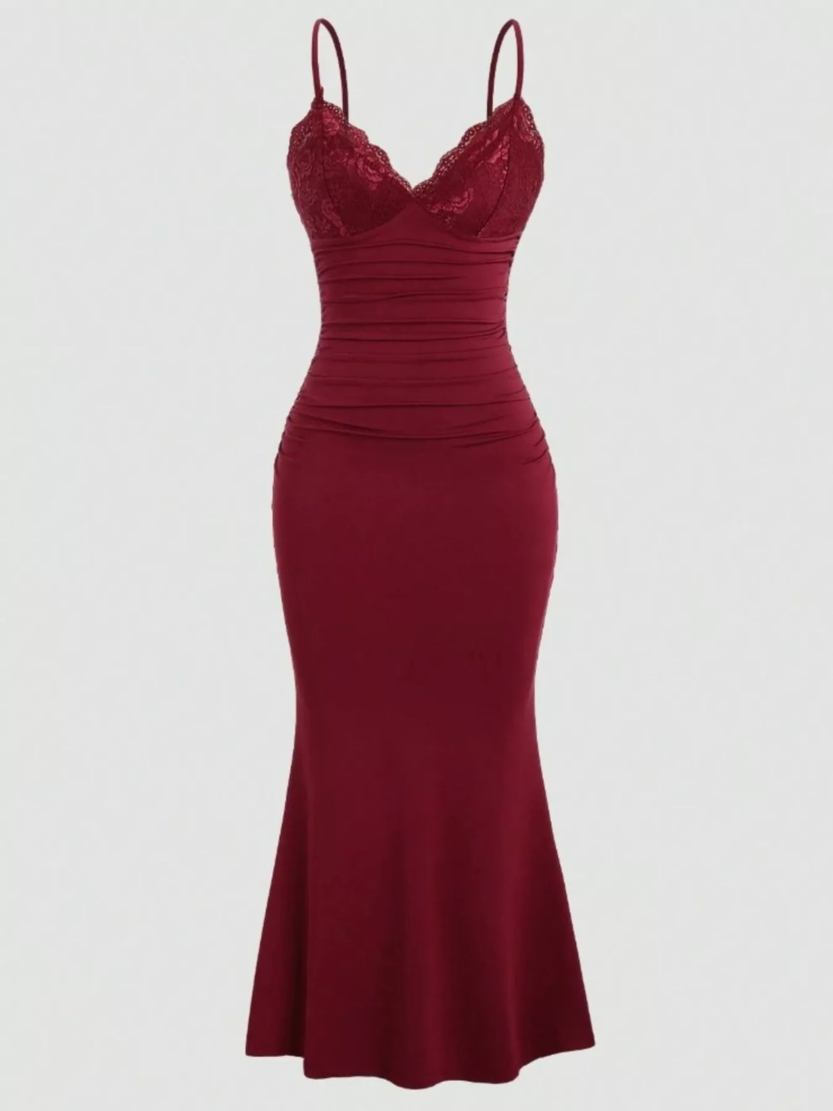 Lace Trim Ruched Mermaid Dress by Elegant Elements