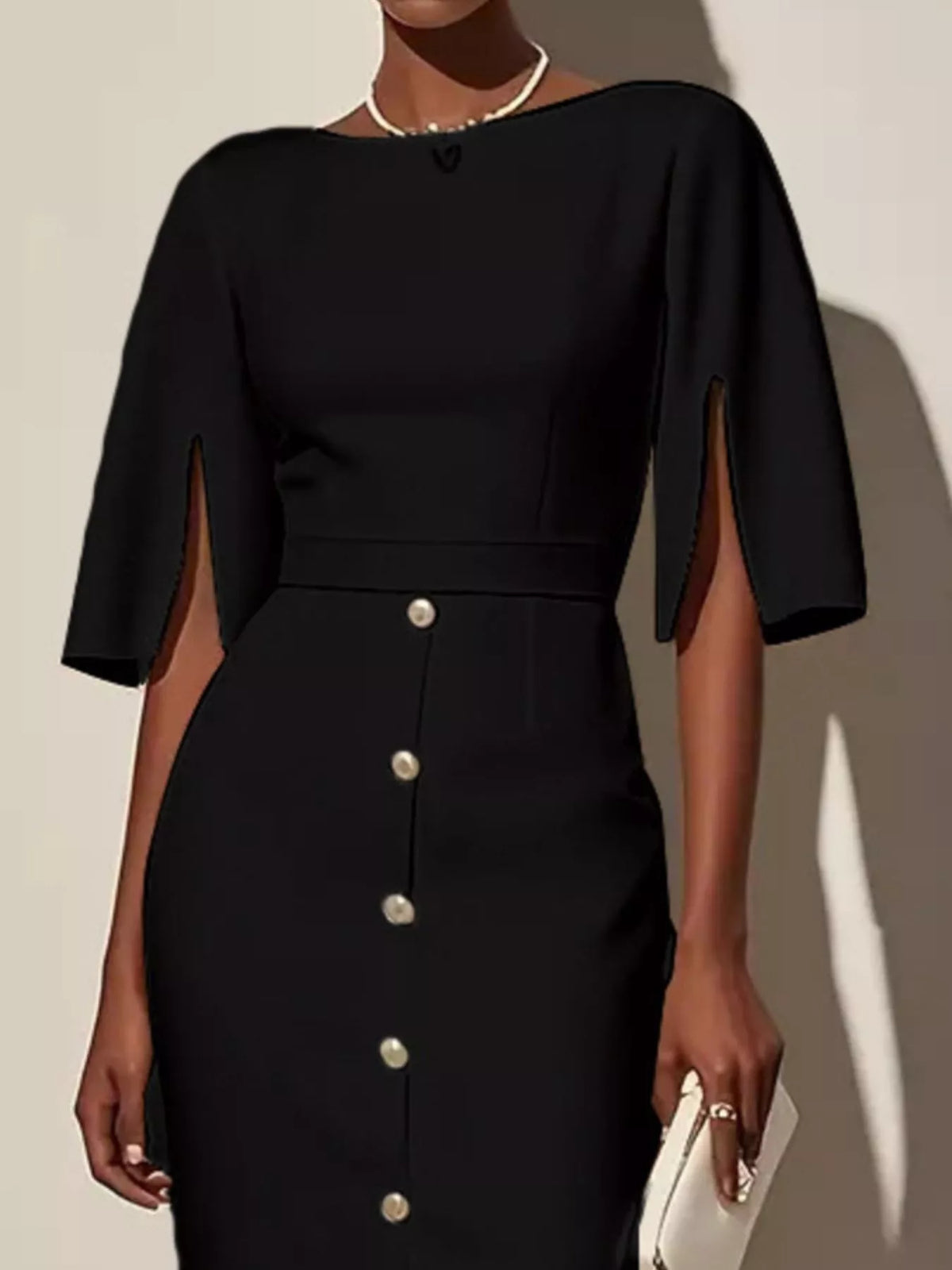 Decorative Button Slit-Sleeve Midi Dress