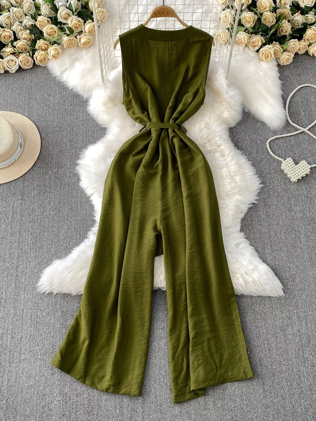 Belted Sleeveless Wide Leg Jumpsuit