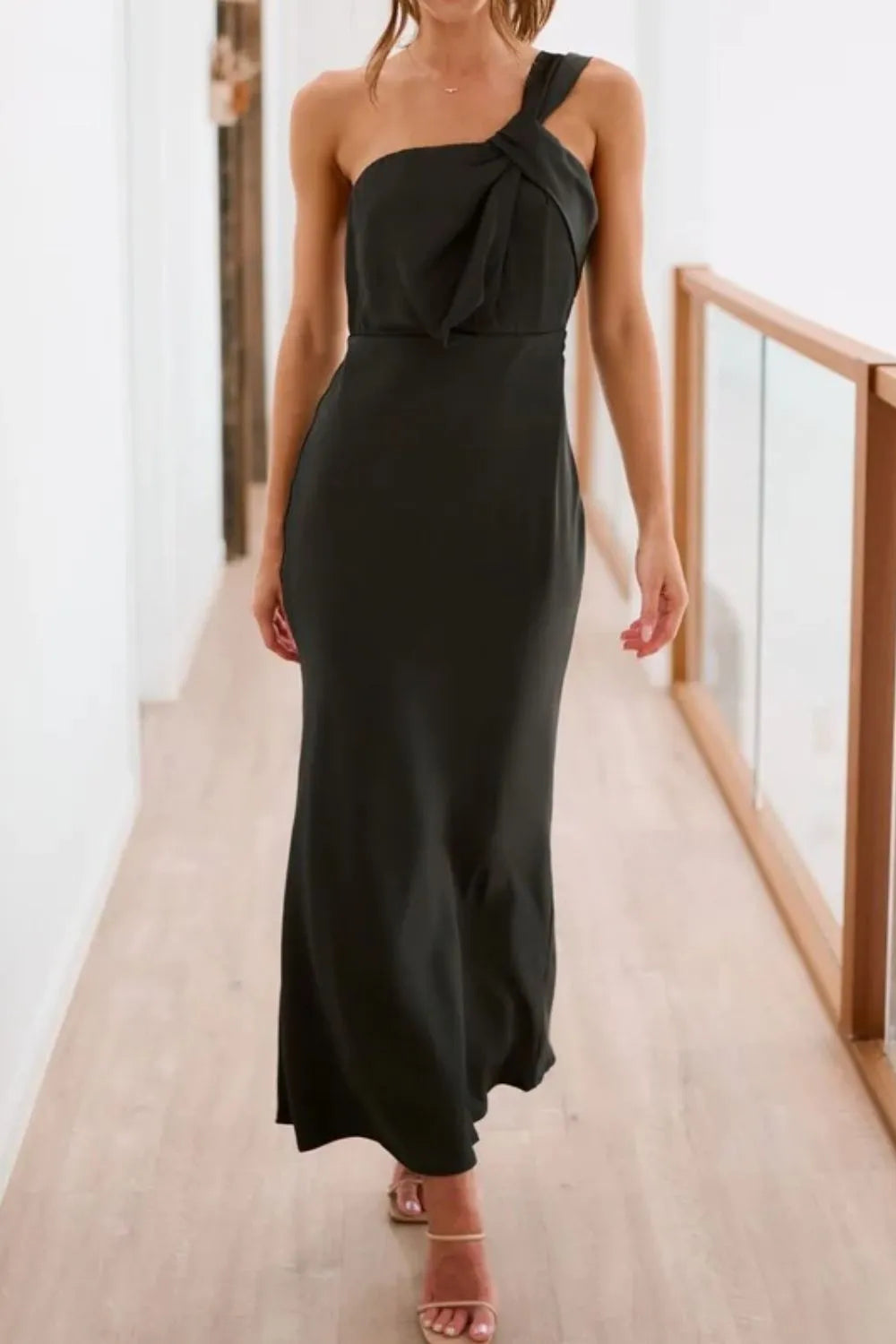 Twisted Single Shoulder Maxi Dress in Black