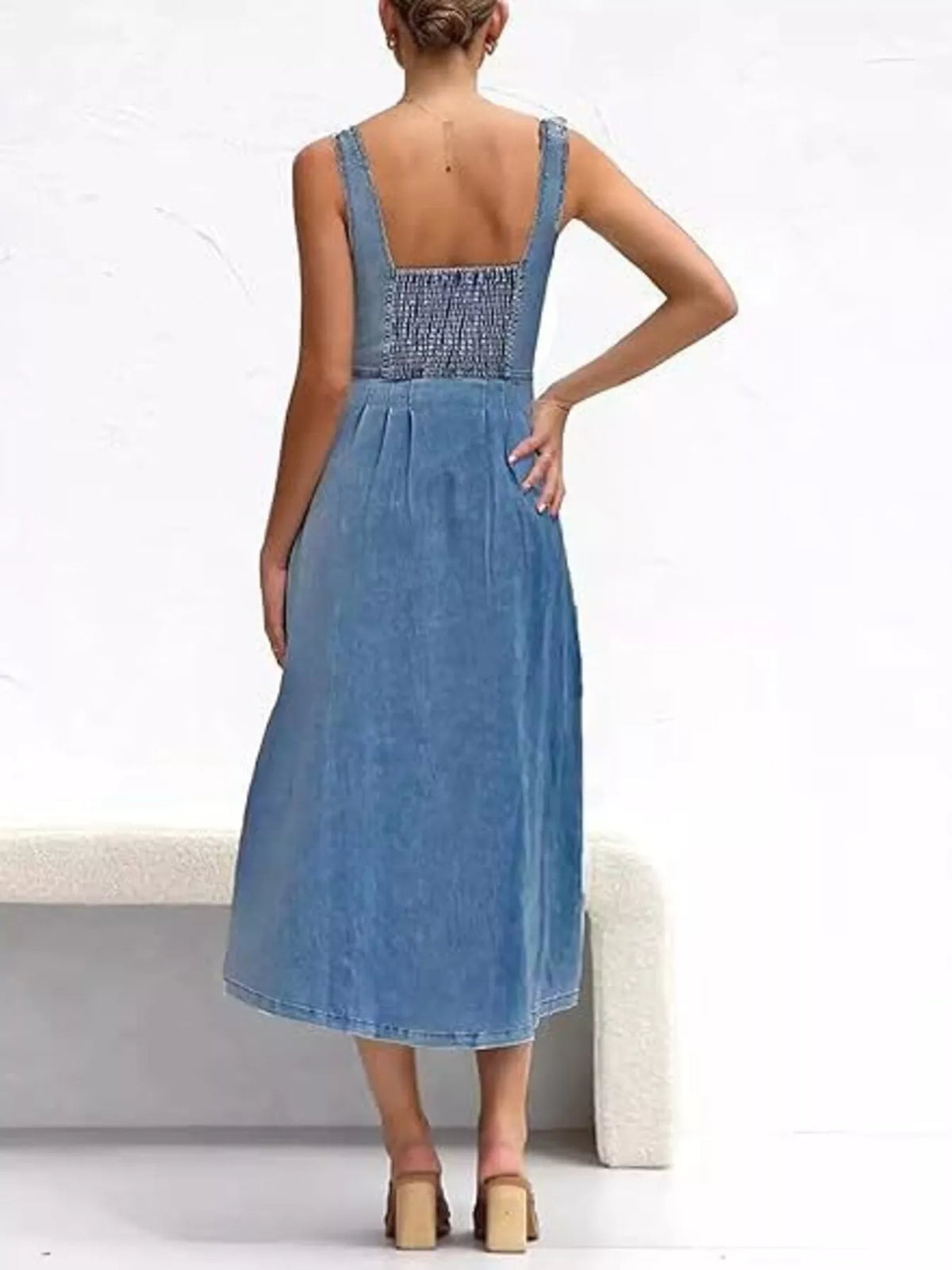 Smocked Back Button-Front Denim Midi Dress