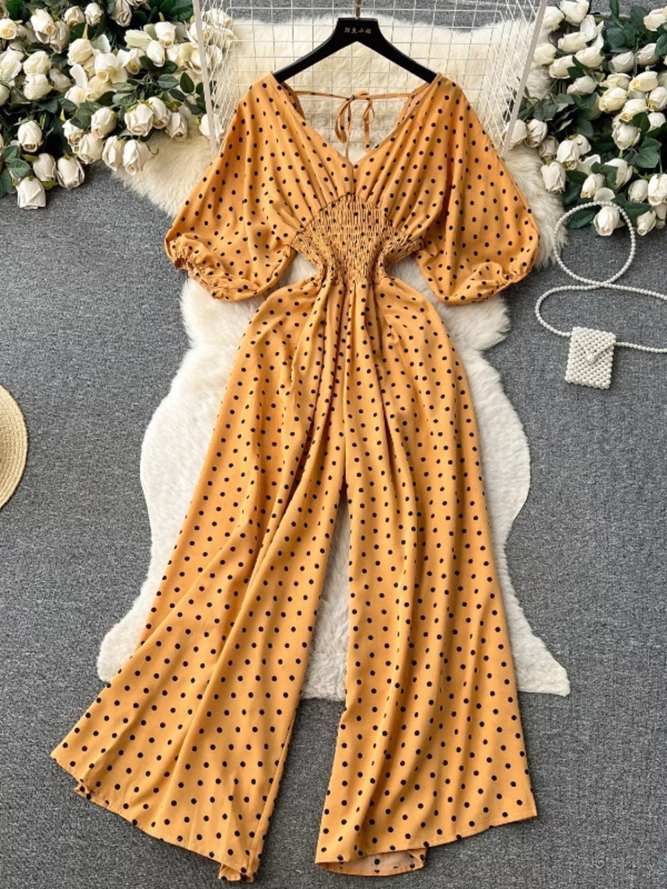 Smocked V-Neck Wide Leg Jumpsuit