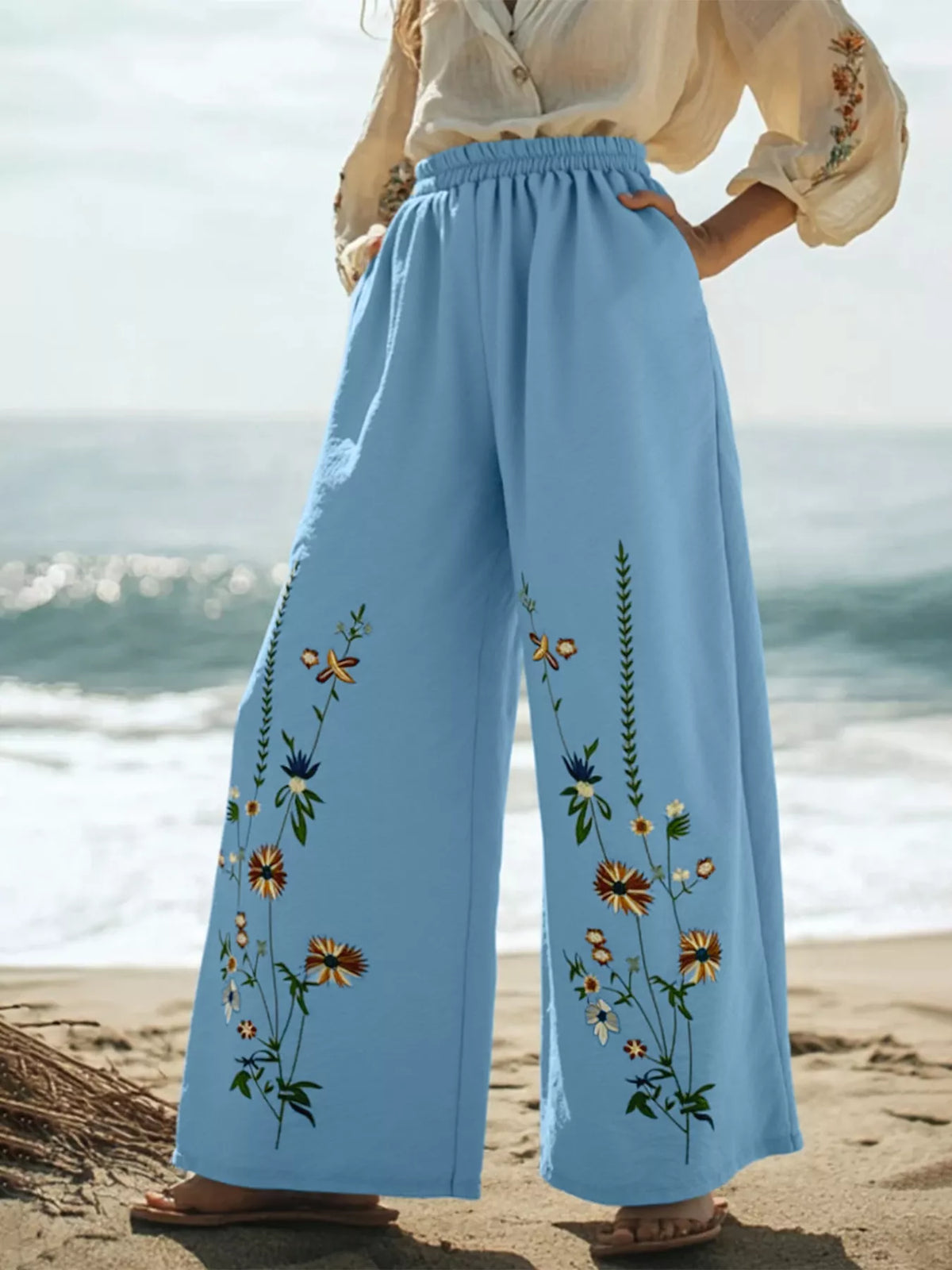 Floral Wide Leg Pants in Sky Blue