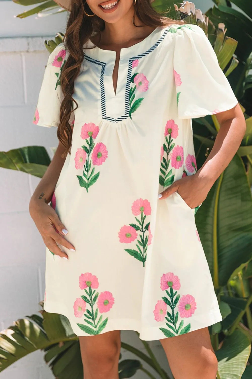 Floral Flutter Sleeve Mini Dress in Cream