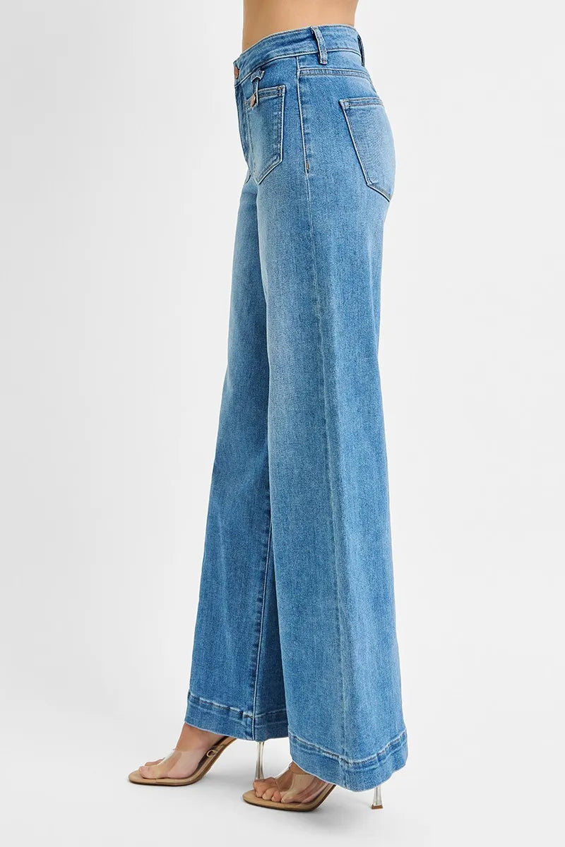Risen Mid Rise Wide Leg Patch Pocket Jeans in Medium