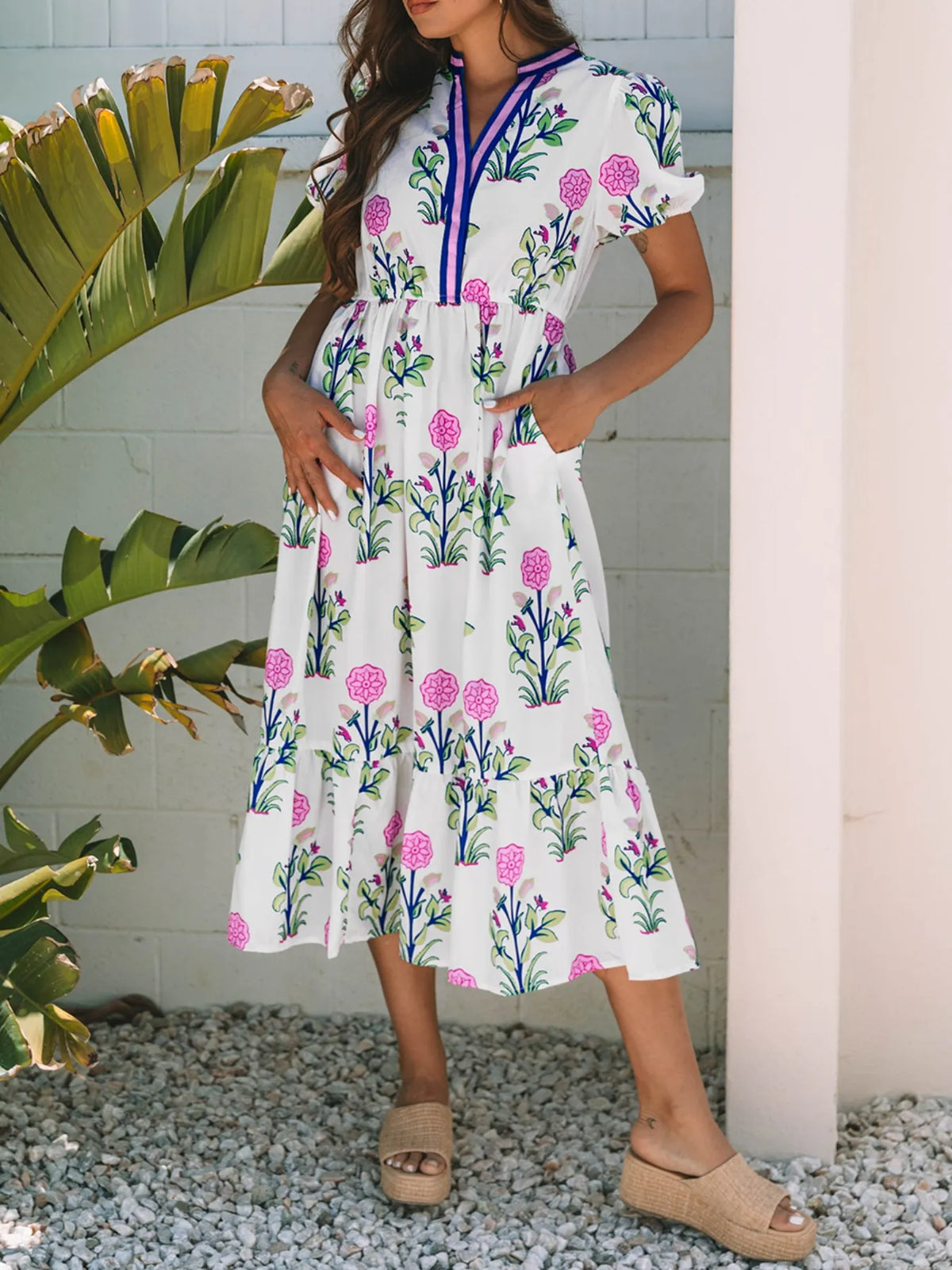 Tiered Midi Dress with Pockets in White