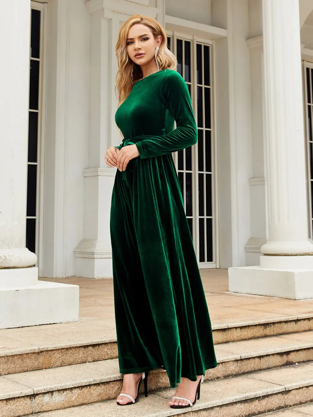 Tie-Front Round-Neck Long-Sleeve Maxi Dress