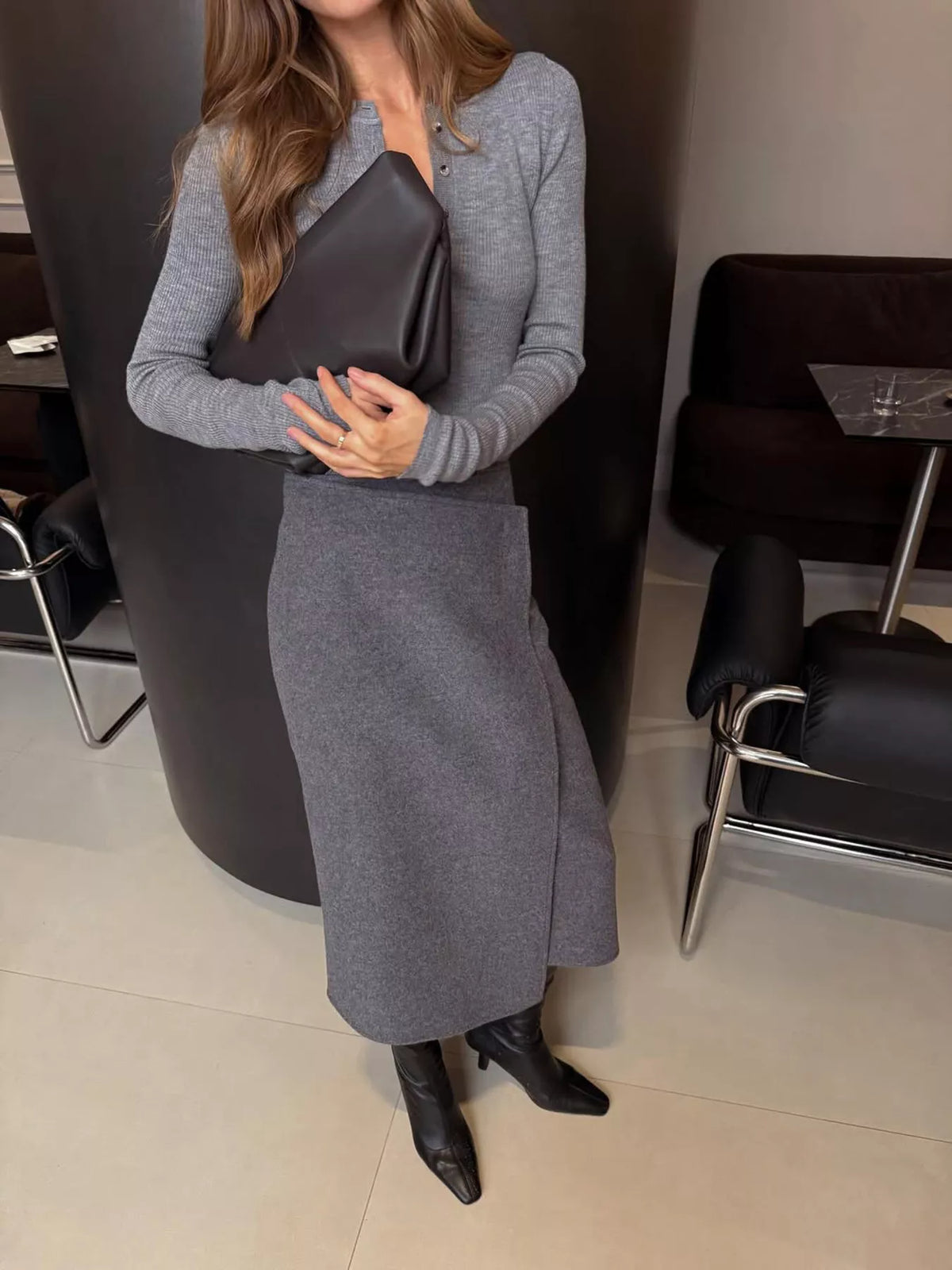 High-Waisted Wrap Midi Skirt in Gray