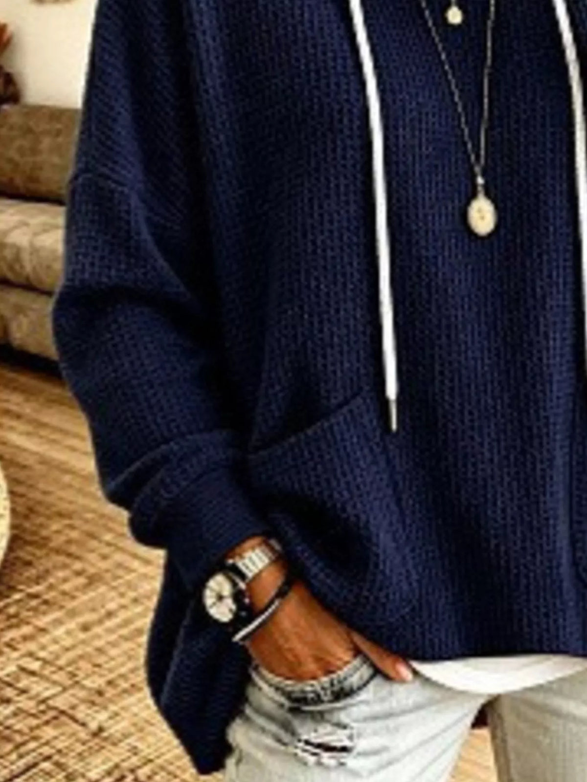 Waffle Knit Hoodie with Pockets