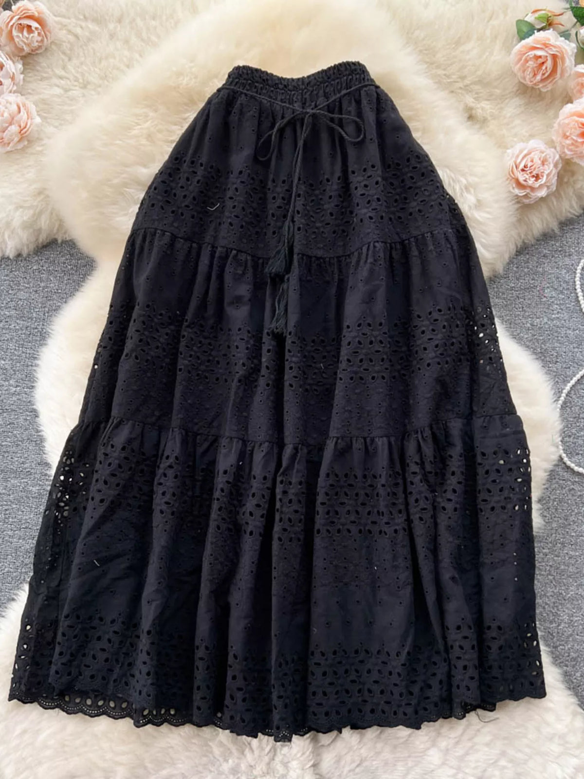 Eyelet Cutout Tiered Maxi Skirt
