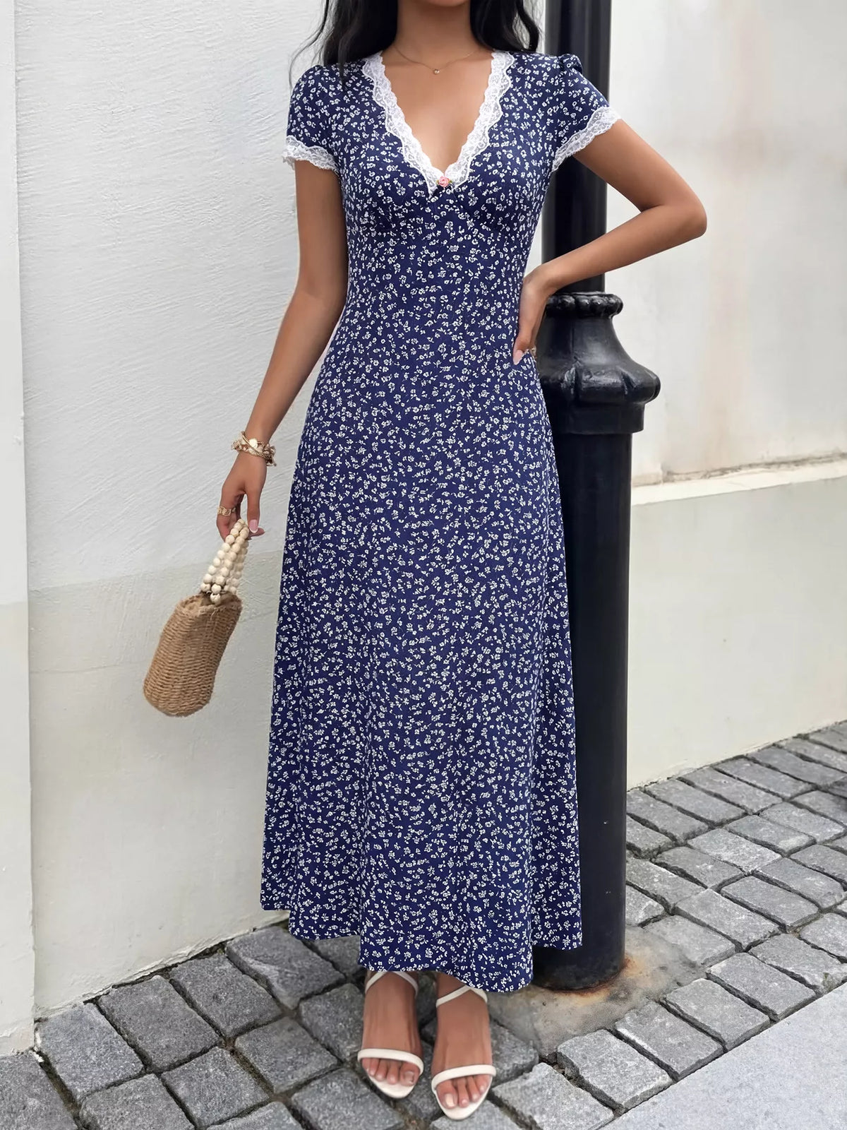 Floral Print Lace Trim Maxi Dress in Navy