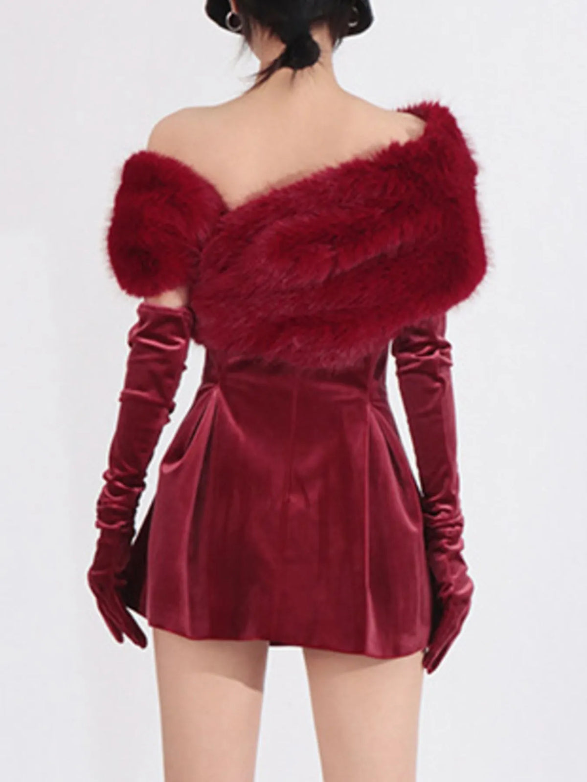 Fuzzy Off-Shoulder Mini Dress in Red