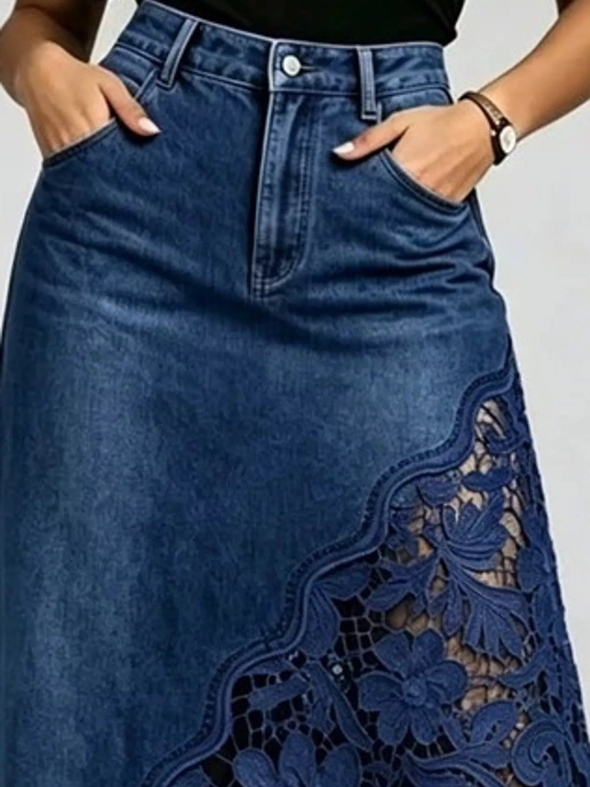 High-Waisted Lace-Detail Denim Skirt