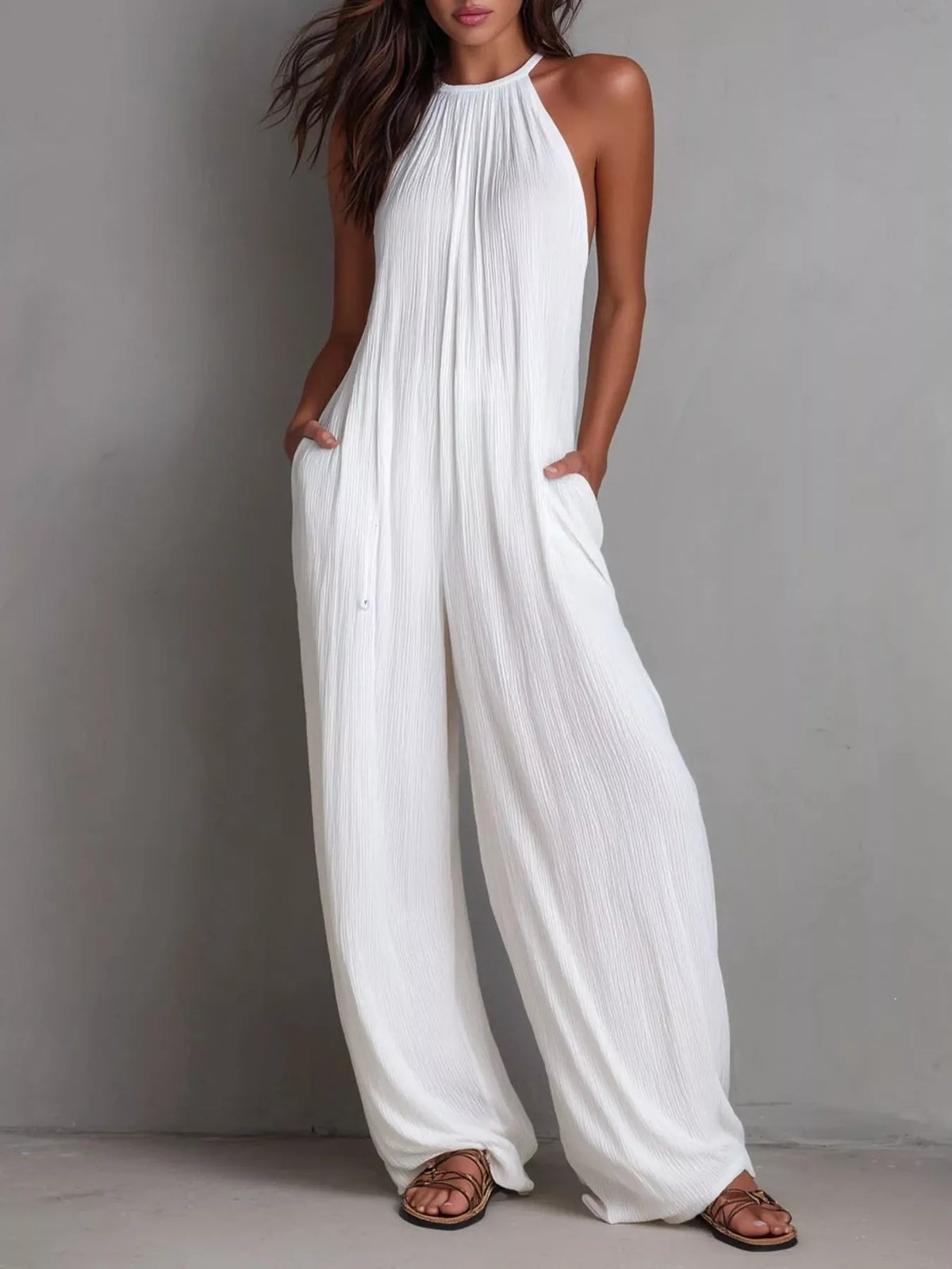 Sleeveless Zip-Front Wide Leg Jumpsuit