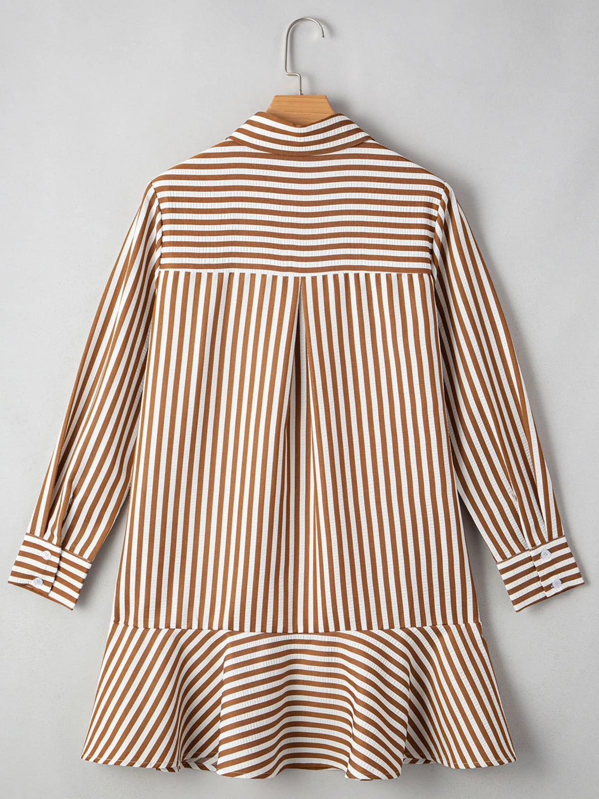 Collared Long Sleeve Mini Shirt Dress in Brown Stripe