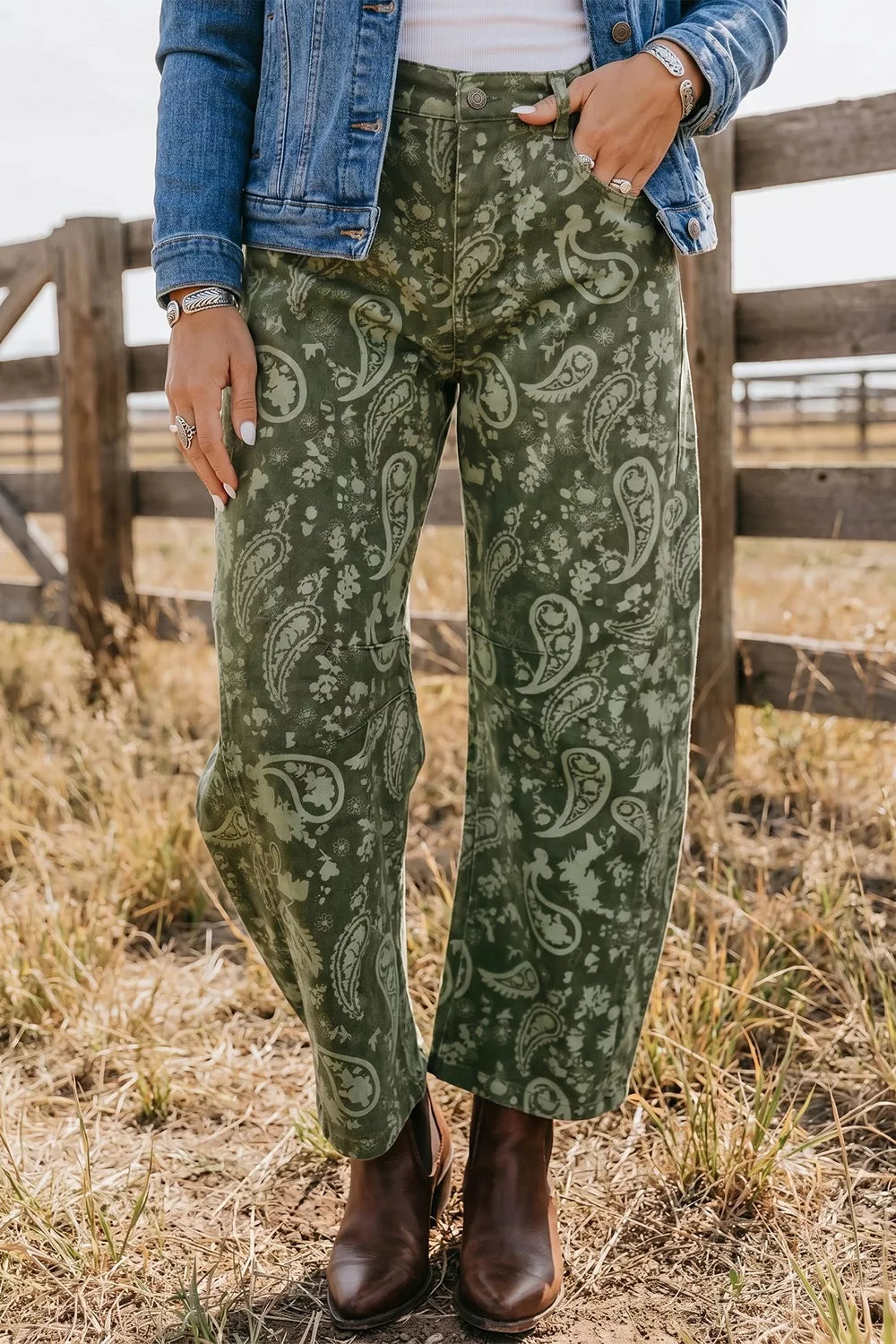 Paisley Print Harem Denim Pants in Dark Green