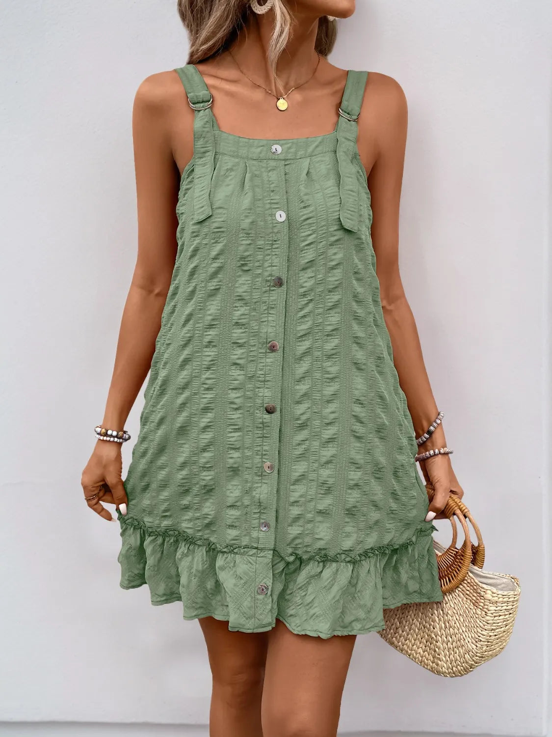 Ruffled Square Neck Dress in Gum Leaf