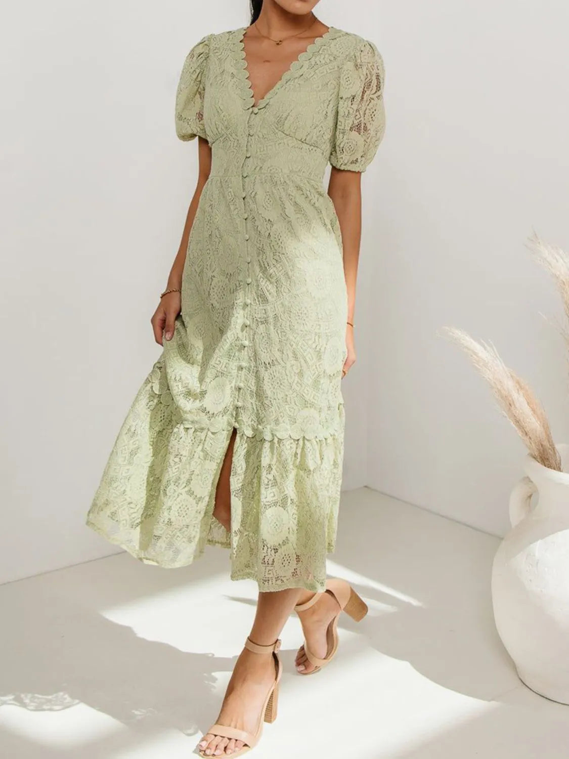 Lace V-Neck Short Sleeve Dress in Dusty Pink