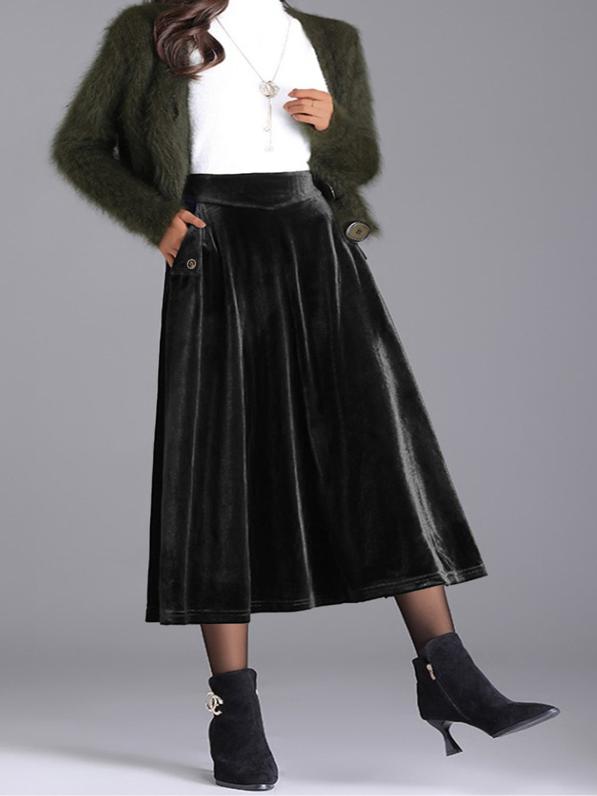 Plus Size Velvet A-Line Midi Skirt