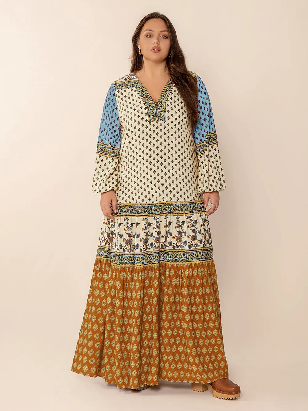 Printed V-Neck Balloon Sleeve Maxi Dress in Camel