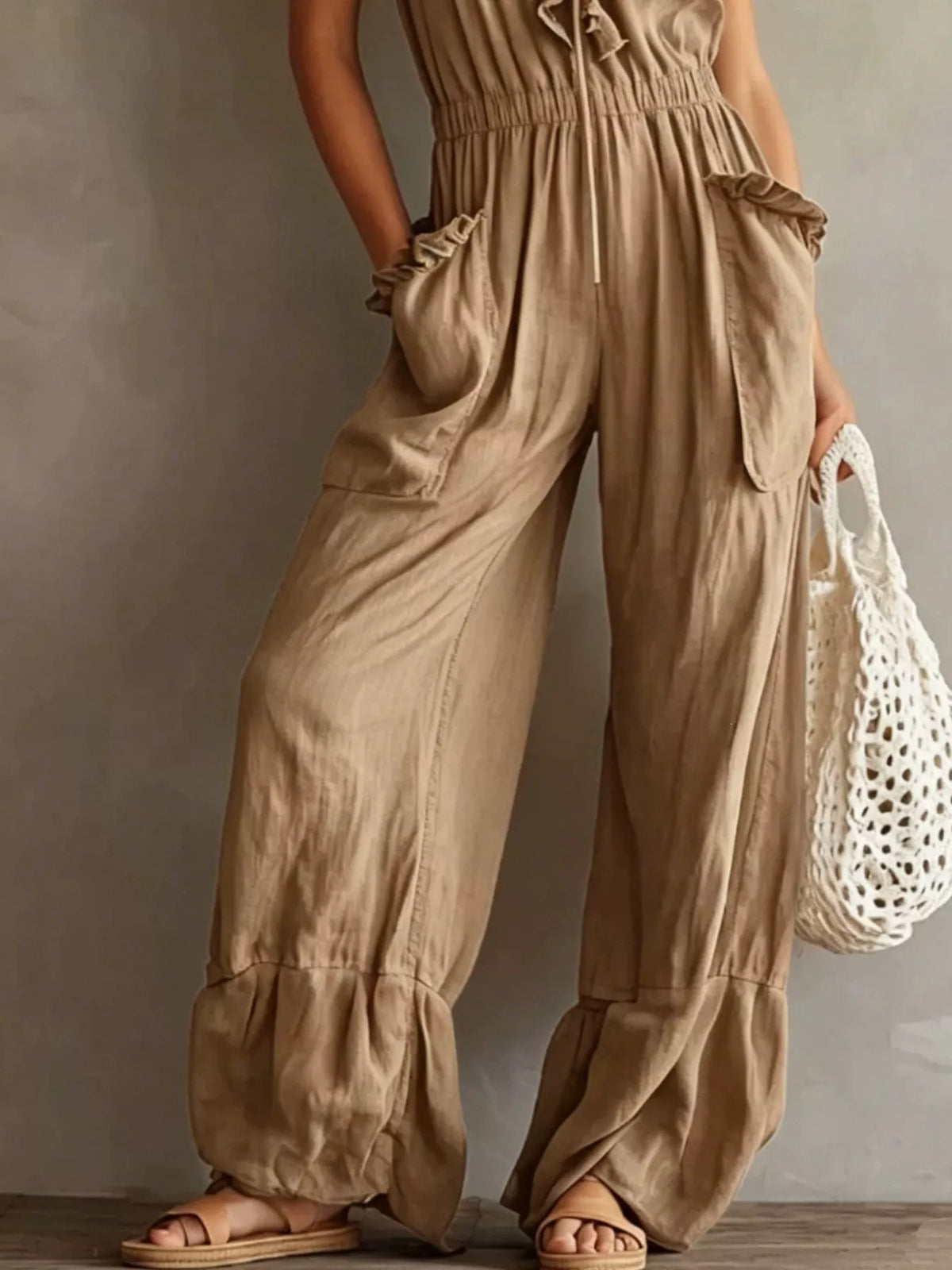 Ruffled V-Neck Jumpsuit with Pockets
