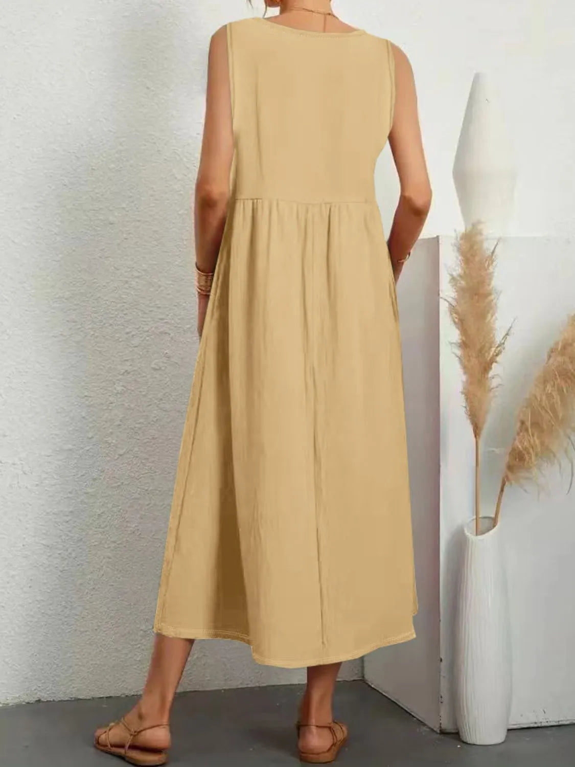 V-Neck Sleeveless Ruched Dress in Tan