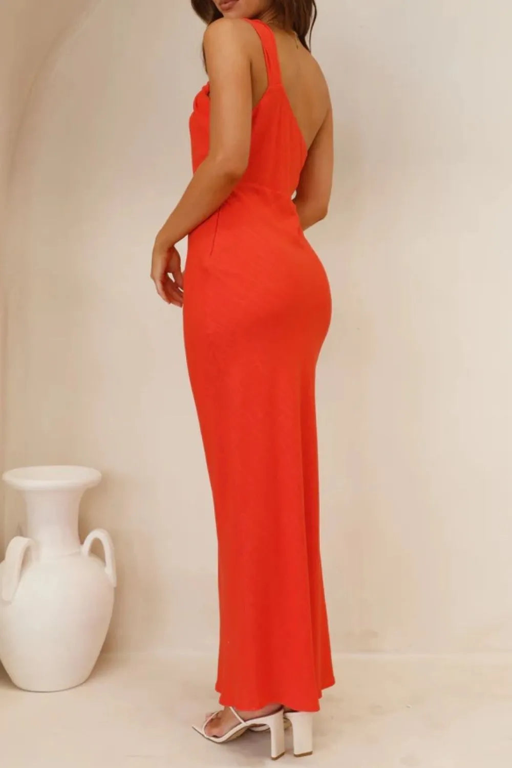 Ruched Single Shoulder Maxi Dress in Orange-Red