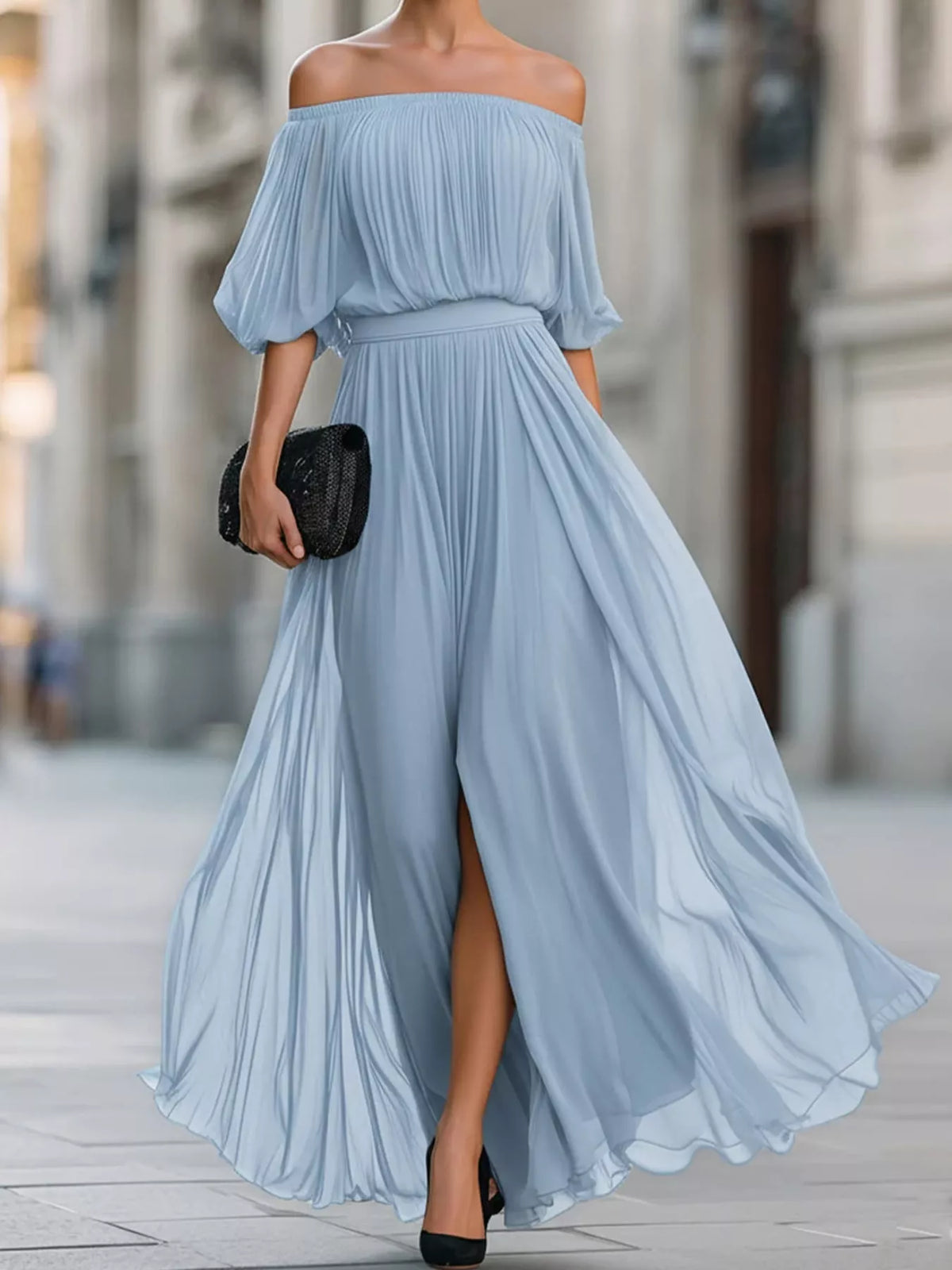 Off-Shoulder Ruched Chiffon Maxi Dress