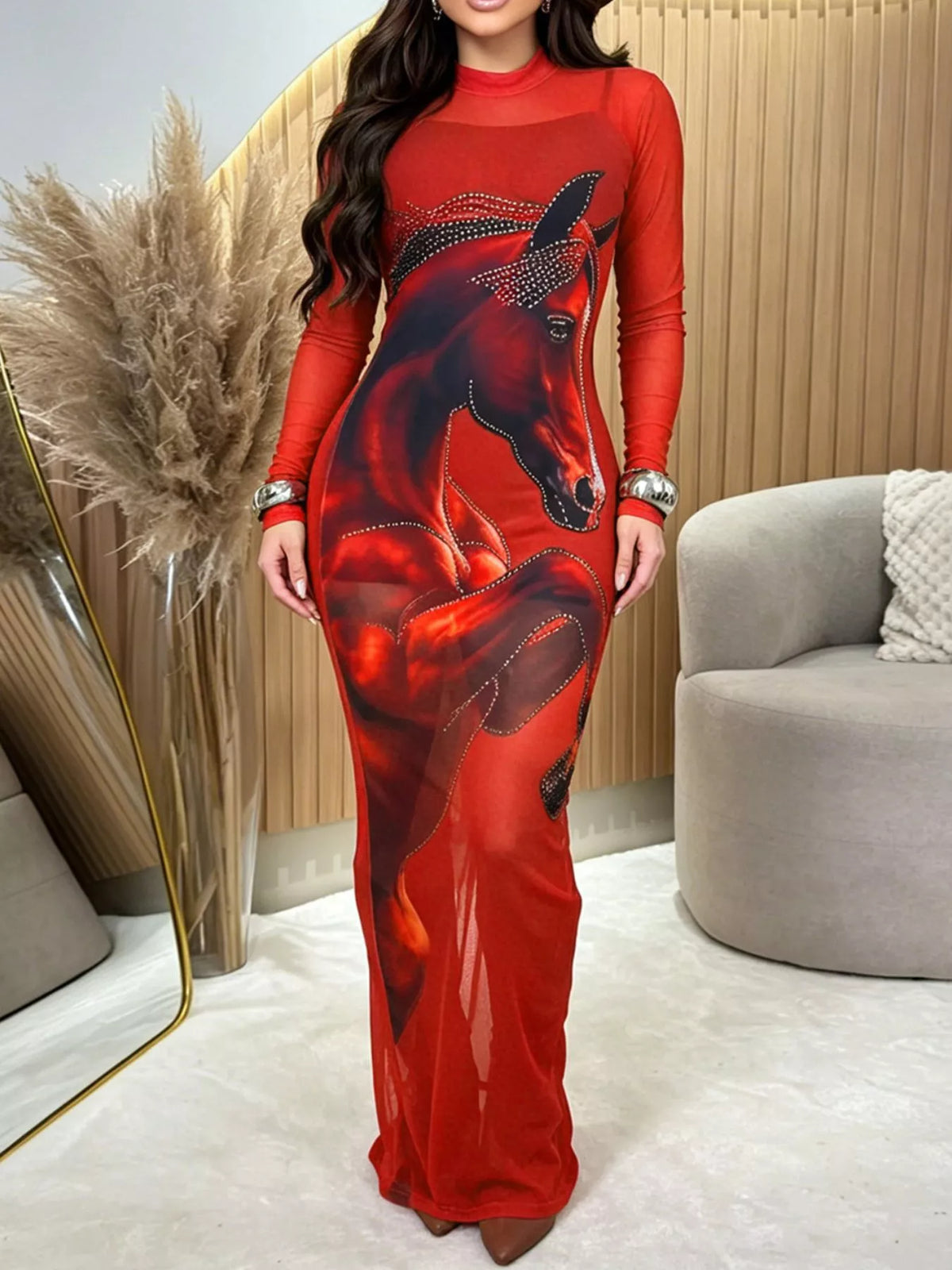 Cami & Rhinestone Mesh Maxi Dress Set in Red