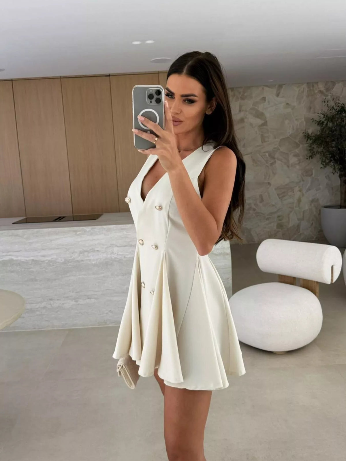 Double-Breasted V-Neck Pleated Mini Dress