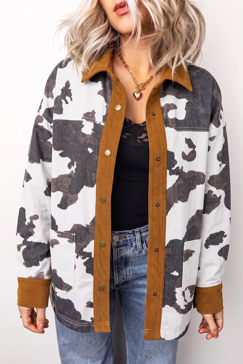Western Cow Print Button-Up Denim Jacket in Dark Gray