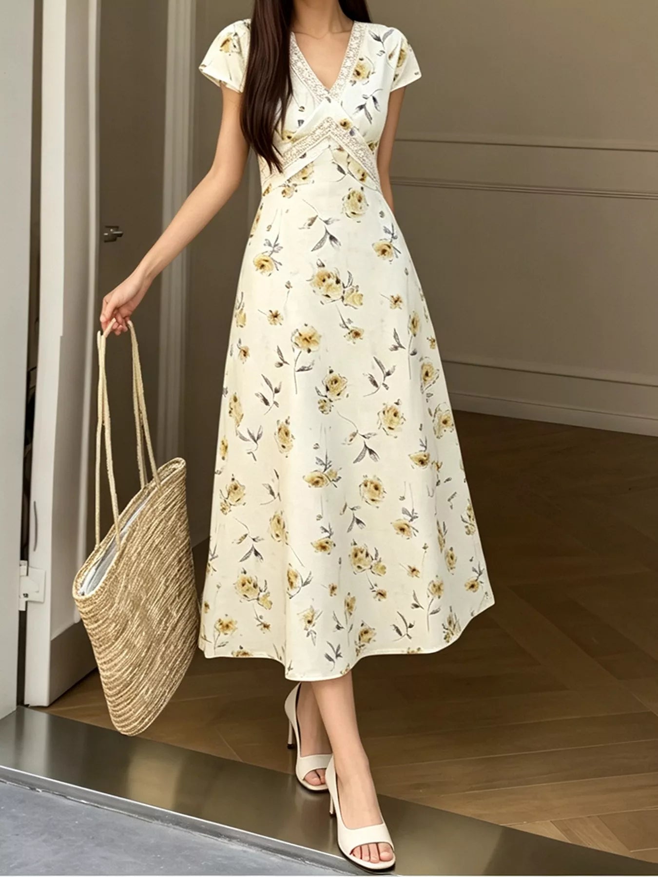 Floral Lace-Trim Midi Dress in Yellow