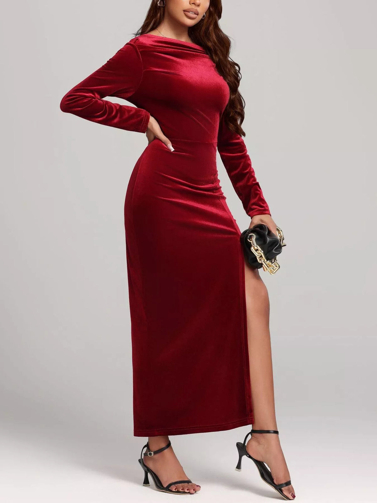 Ruched Velvet Long Sleeve Dress in Burgundy