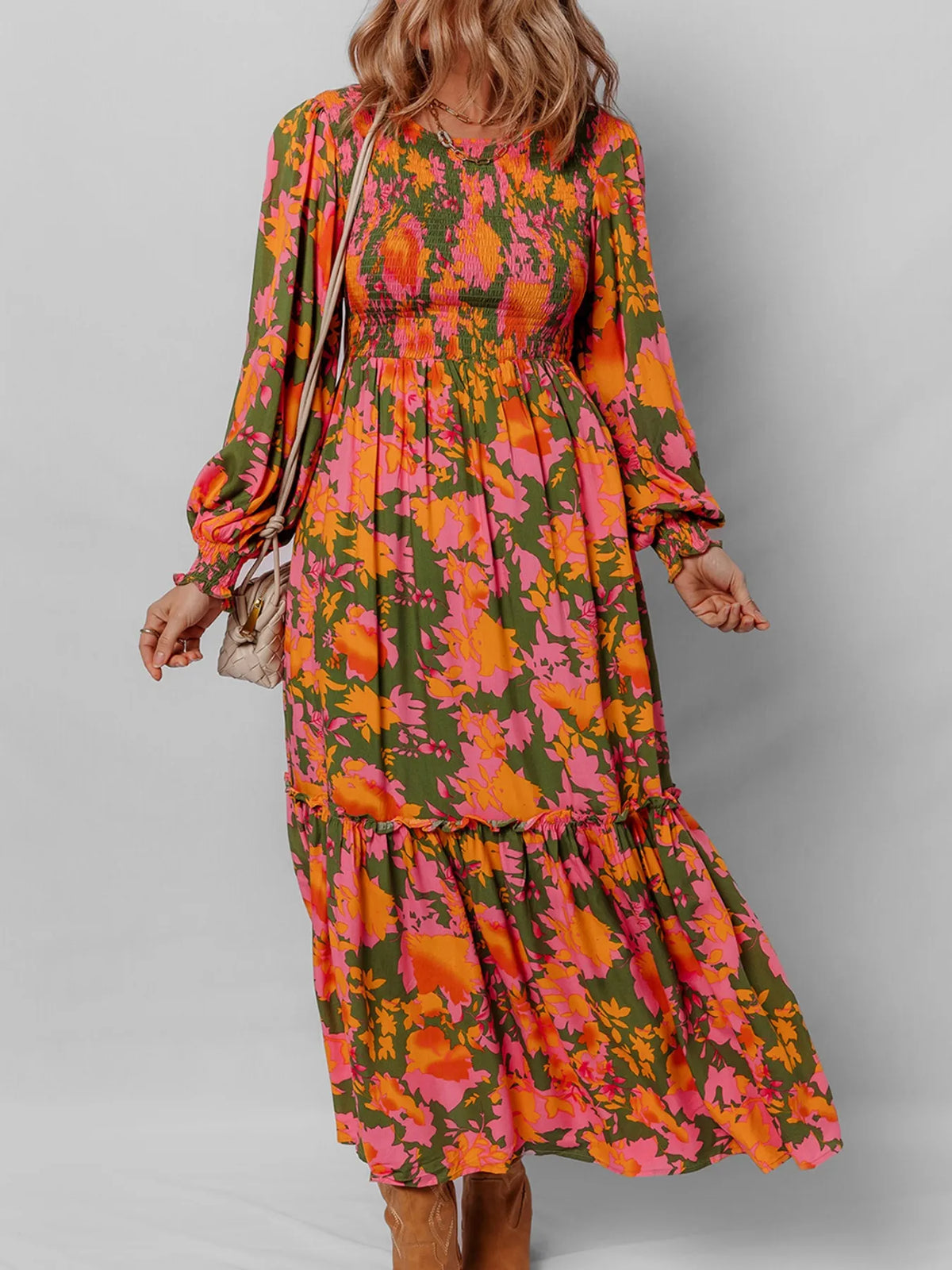 Smocked Floral Maxi Dress with Long Sleeves