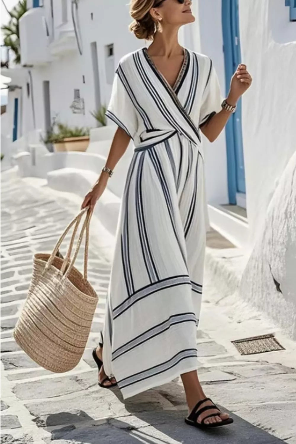 Striped Wrap Half Sleeve Maxi Dress