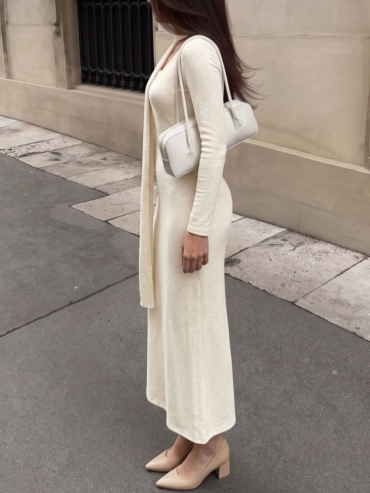 Round Neck Knit Maxi Dress with Scarf in Apricot