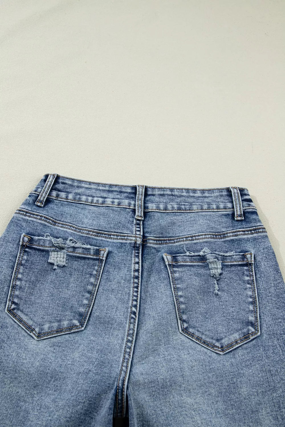 Cuffed Straight-Leg Distressed Jeans in Medium Wash
