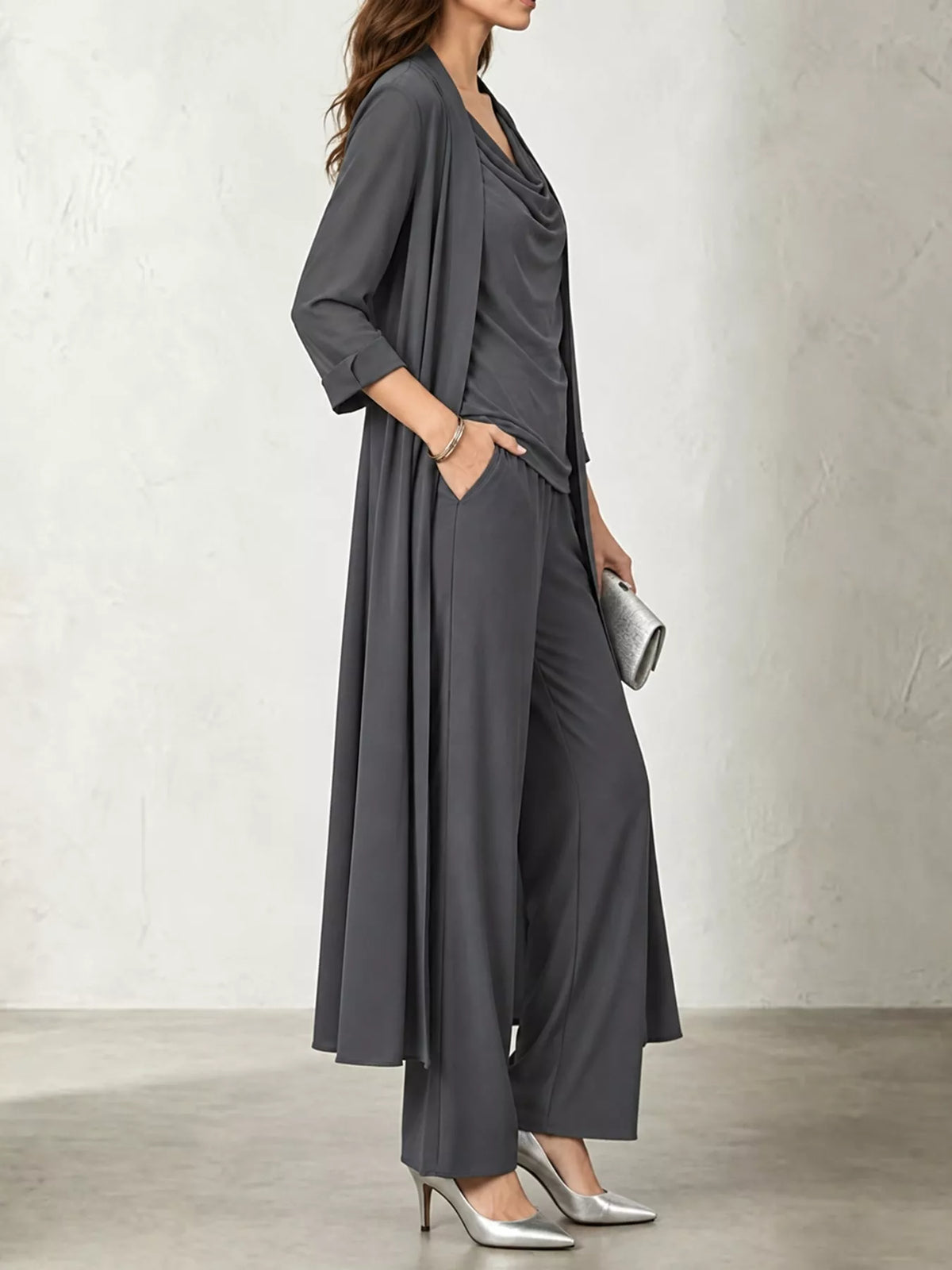 Cowl Neck Top, Cardigan and Pants Set