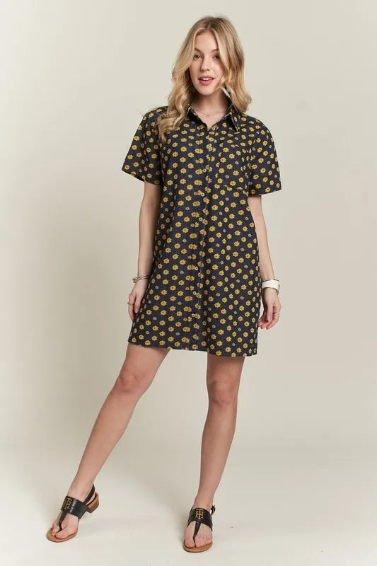 Floral Button-Up Mini Denim Dress in Dark Wash
