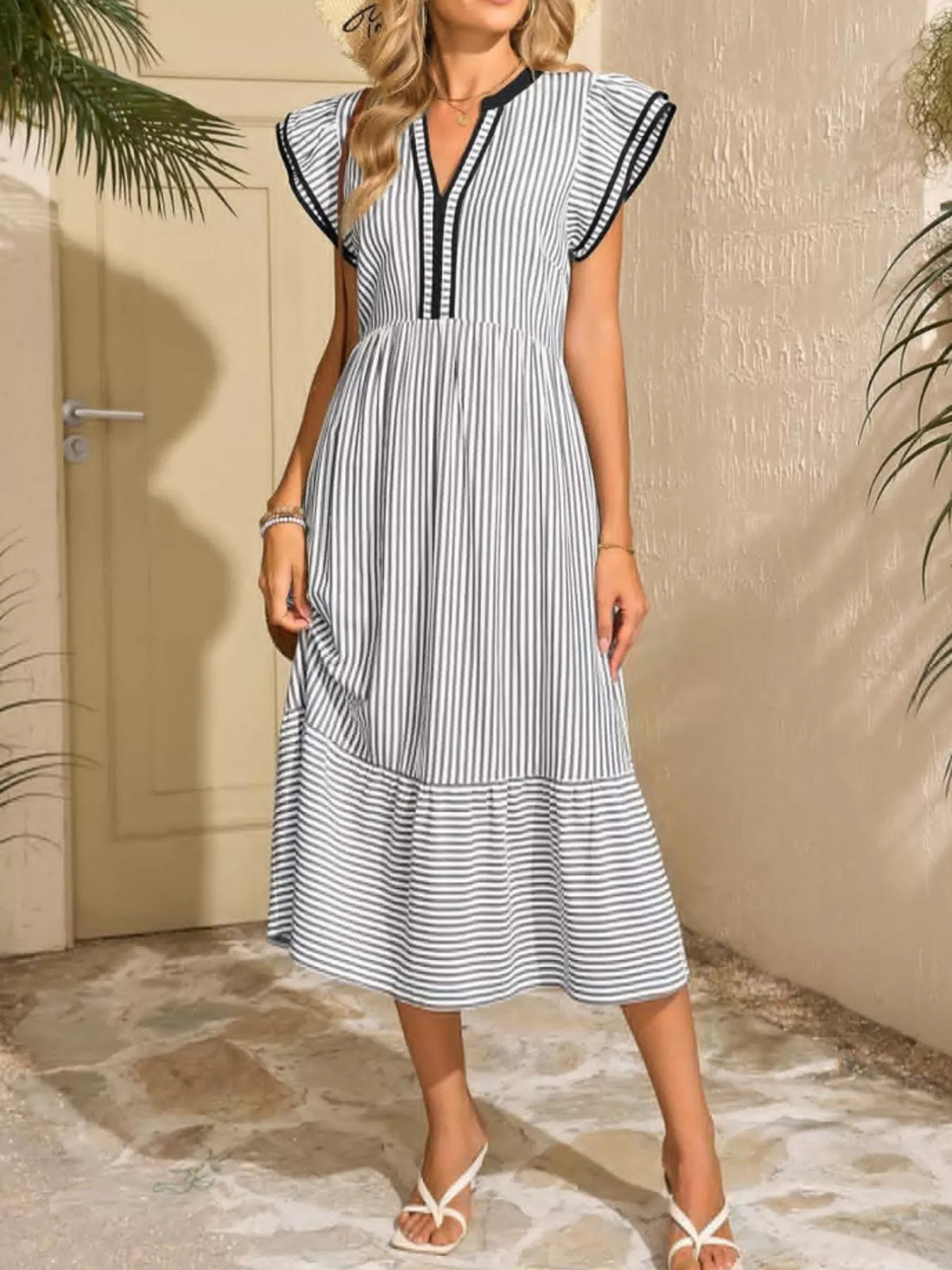 Striped Ruffle Sleeve Midi Dress with Pockets