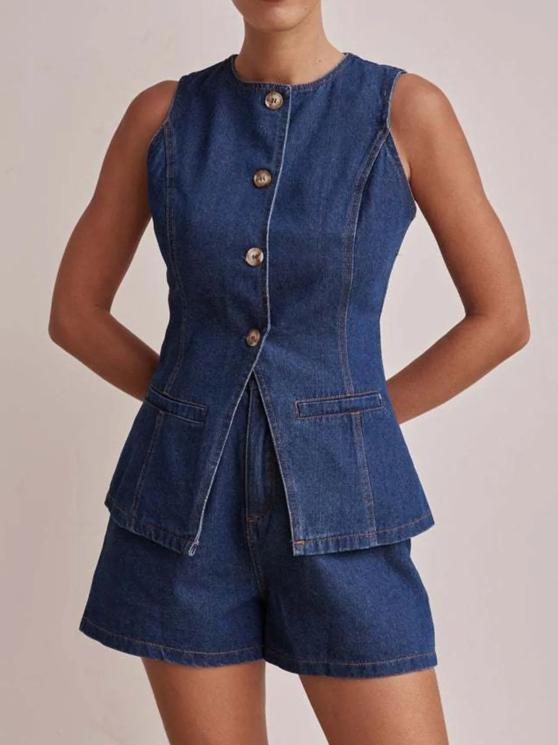 Button-Down Vest and Shorts Denim Set
