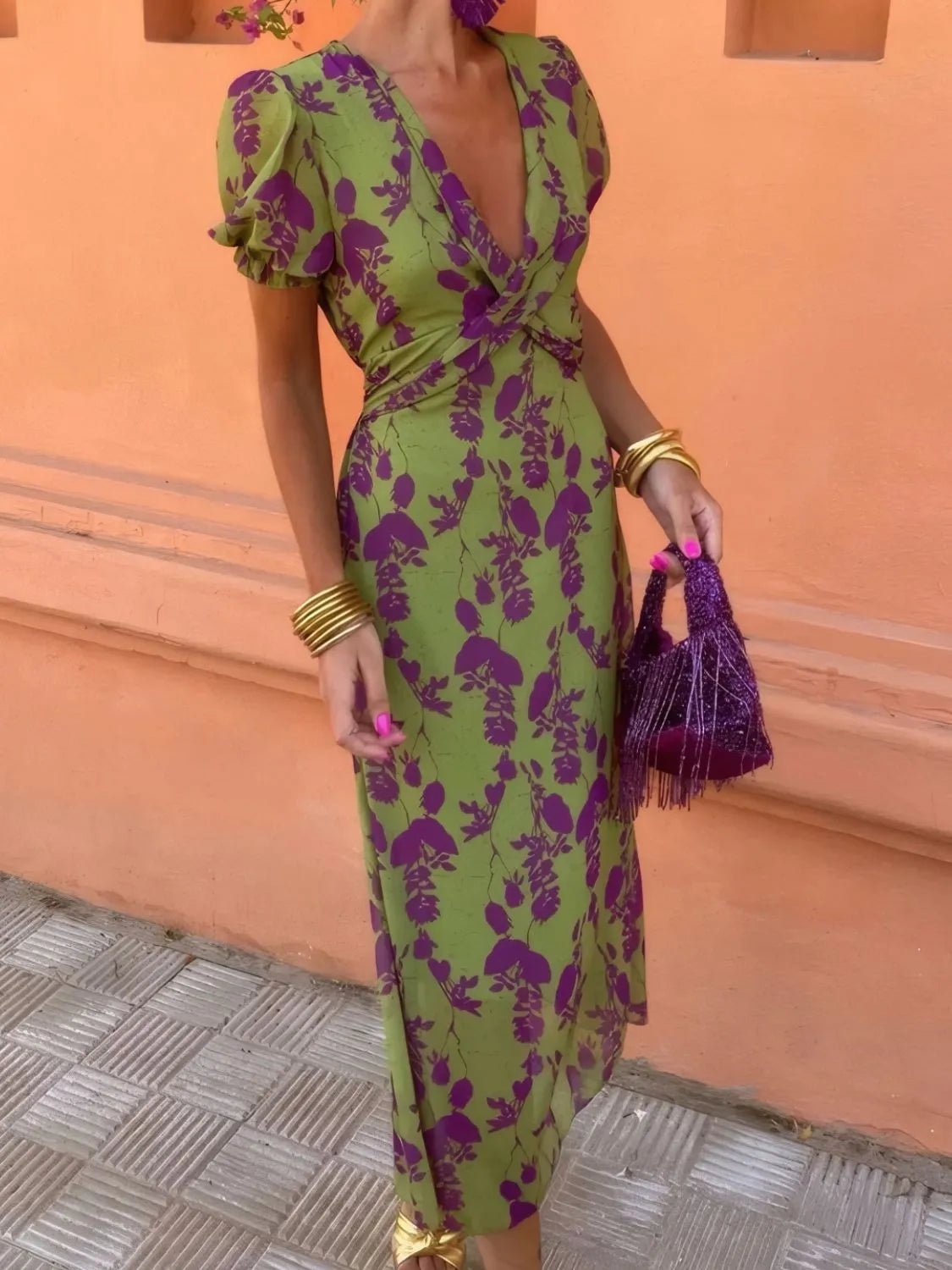 Printed Plunge Midi Dress in Moss